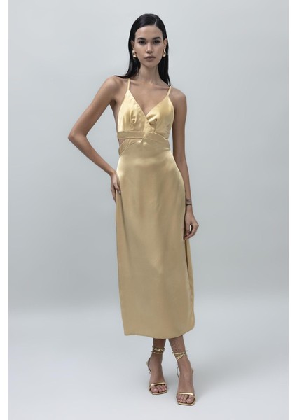 Sırt Çapraz Askılı Pencereli Dekolteli Diz Altı Saten Abiye Kokteyl Gece Elbisesi indirimleri
