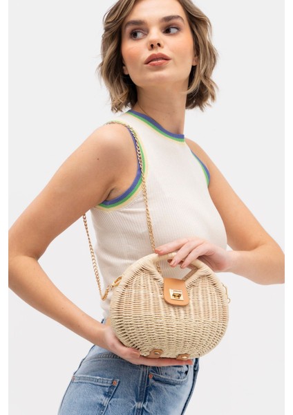 Katı Sert Hasır Kilitli Omuz Askılı Yazlık Doğal Kadın Çanta