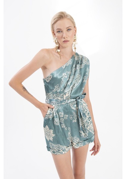 Tek Omuz Kemerli Yumuşak Saten Desenli Cepli Kokteyl Davet Gece Kadın Tulum