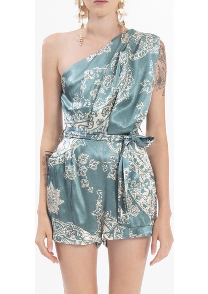 Tek Omuz Kemerli Yumuşak Saten Desenli Cepli Kokteyl Davet Gece Kadın Tulum fiyatları