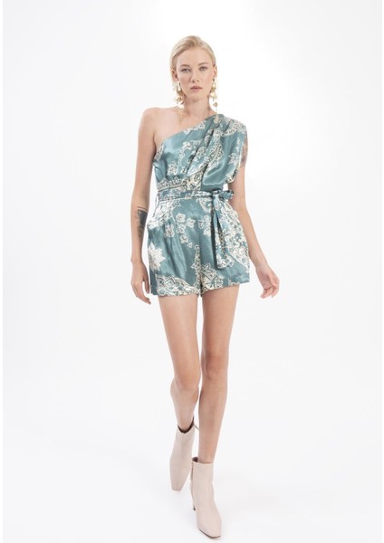 Tek Omuz Kemerli Yumuşak Saten Desenli Cepli Kokteyl Davet Gece Kadın Tulum indirimleri