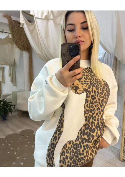 Tiger Panter Büyük Yırtıcı Baskılı Uzun Kollu Salaş Kadın Ofis Günlük Sweat Kazak