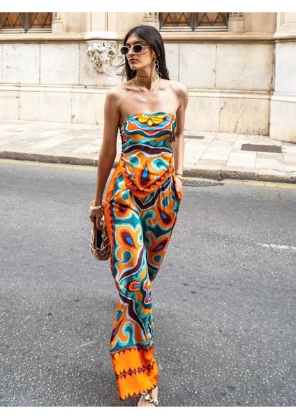 Şal Desen Bağlama Straples Üst Crop Saten Pantolon Takım Turuncu fiyatları