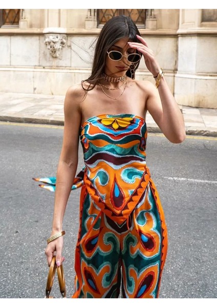 Şal Desen Bağlama Straples Üst Crop Saten Pantolon Takım Turuncu modelleri