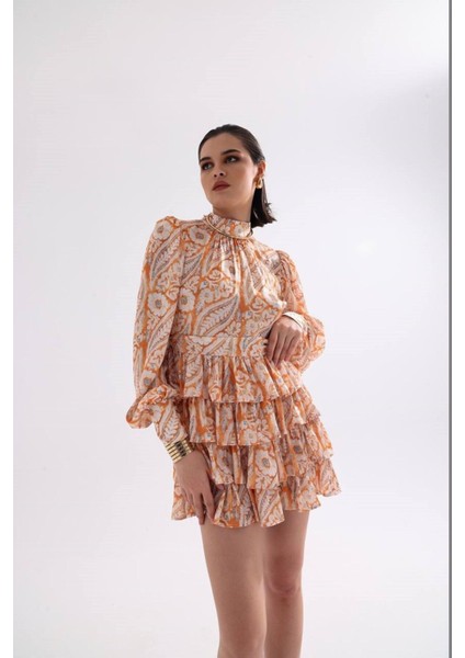 Vatkalı Omuz Katlı Etek Ithal Soft Otantik Desen Şifon Kumaşlı Uzun Kol Baharlık Mini Elbise