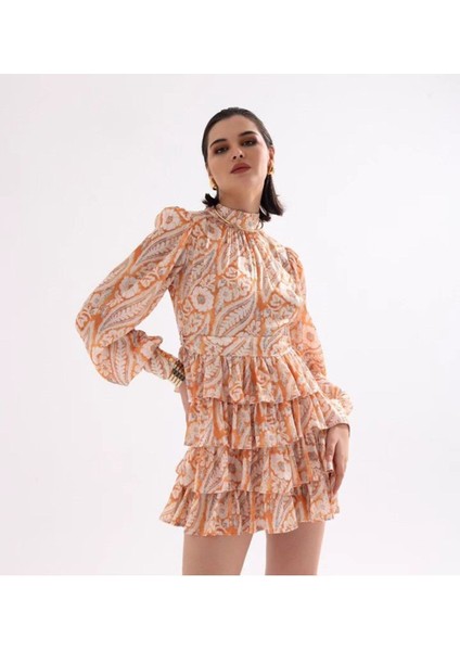 Vatkalı Omuz Katlı Etek Ithal Soft Otantik Desen Şifon Kumaşlı Uzun Kol Baharlık Mini Elbise fiyatları