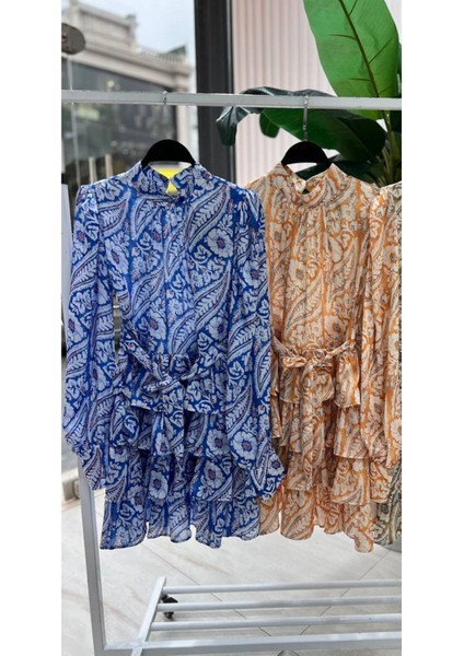 Vatkalı Omuz Katlı Etek Ithal Soft Otantik Desen Şifon Kumaşlı Uzun Kol Baharlık Mini Elbise fırsatları