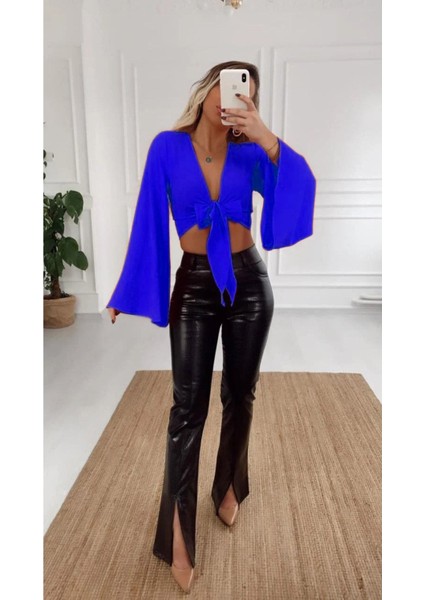 Saten Önden Bağlamalı Dekolte Gece Kokteyl Kombin Uzun Kol Krop Bluz