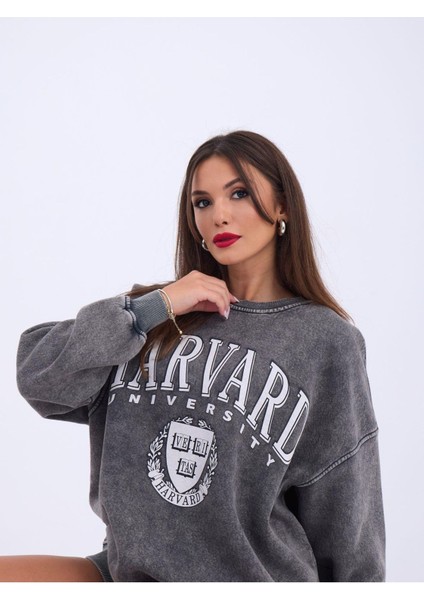Harvard Üniversite Kolej Salaş Alacalı Uzun Kollu Bol Kesim Kışlık Kadın Sweatshirt Füme