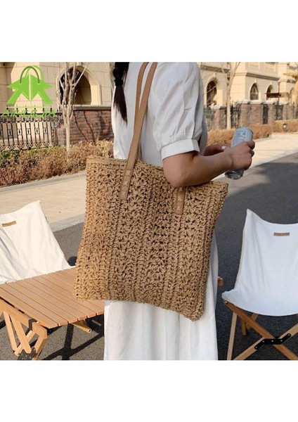 Deri Saplı Fermuarlı Iç Cepli Kare Örgü Yazlık Sahil Plaj Beachwear Hasır Örgü Ithal Çanta