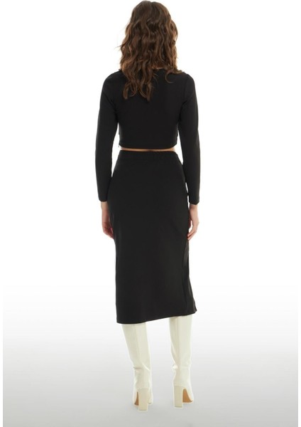 Toka Aksesarlı Uzun Kol Crop Yırtmaçlı Beli Bağlama Midi Etek Takım Siyah fırsatları