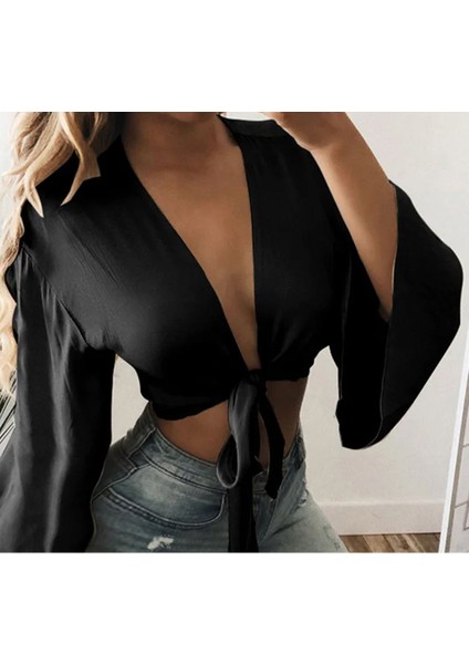 Saten Önden Bağlamalı Dekolte Gece Kokteyl Kombin Uzun Kol Krop Bluz modelleri