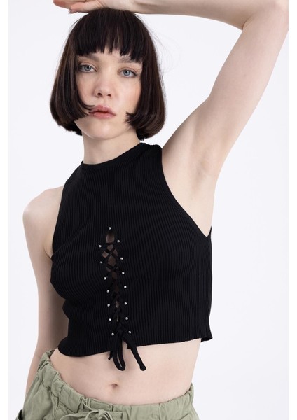 Önden Ip Dekolte Kolsuz Bluz Crop Büstiyer Siyah modelleri