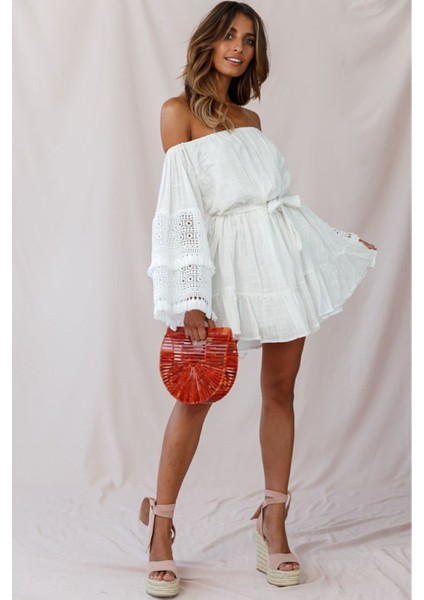 Ekstra Uzun Kollu Çift Kat Dantel Işleme Madonna Yaka Düşük Omuz Kemerli Doğal Bohem Yazlık Elbise