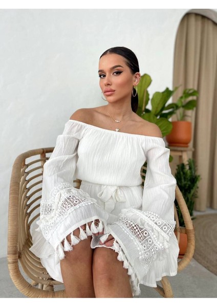 Ekstra Uzun Kollu Çift Kat Dantel Işleme Madonna Yaka Düşük Omuz Kemerli Doğal Bohem Yazlık Elbise fiyatları