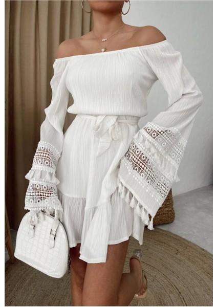 Ekstra Uzun Kollu Çift Kat Dantel Işleme Madonna Yaka Düşük Omuz Kemerli Doğal Bohem Yazlık Elbise fırsatları