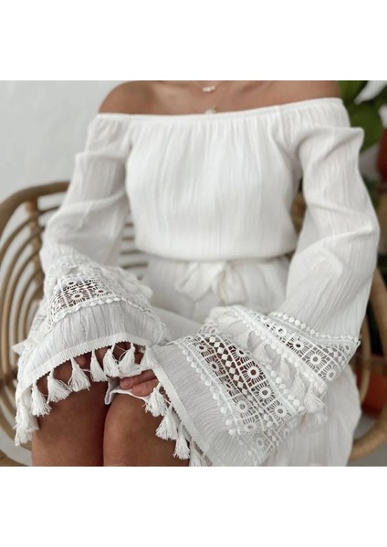 Ekstra Uzun Kollu Çift Kat Dantel Işleme Madonna Yaka Düşük Omuz Kemerli Doğal Bohem Yazlık Elbise indirimleri