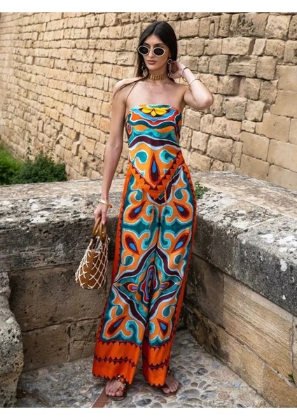 Şal Desen Bağlama Straples Üst Crop Saten Pantolon Takım Turuncu fırsatları