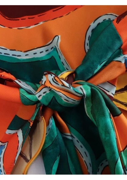 Şal Desen Bağlama Straples Üst Crop Saten Pantolon Takım Turuncu indirimleri