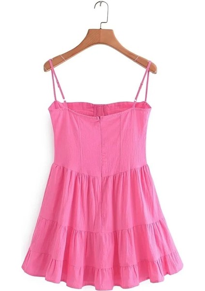 Askılı Boydan Kopçalı Çan Keten Mini Elbise modelleri