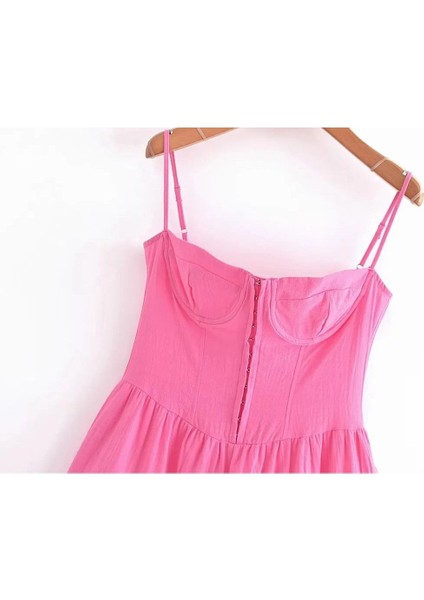 Askılı Boydan Kopçalı Çan Keten Mini Elbise indirimleri