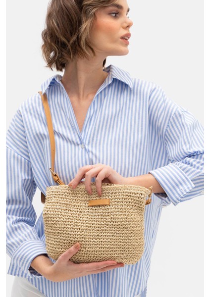 Portföy Clutch Fermuarlı Astarlı Cepli Ayarlanabilir Deri Askılı Ithal Örgü Hasır Yazlık Tatil Çanta