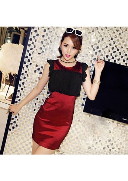 Kadın Kahverengi Fashion Cocktail Pileli 74323 Büst Kolsuz Gece Elbisesi