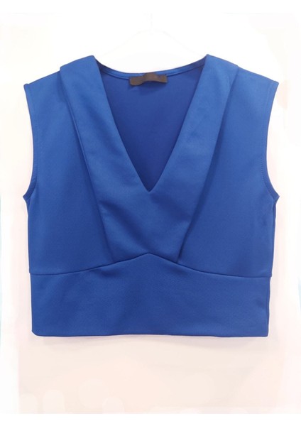 Çift Kat V Yaka Solid Kolsuz Göbek Açık Kadın Body Krop Mavi fiyatları