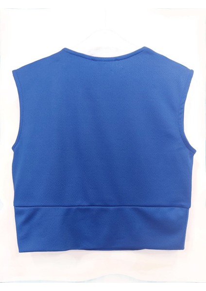 Çift Kat V Yaka Solid Kolsuz Göbek Açık Kadın Body Krop Mavi modelleri