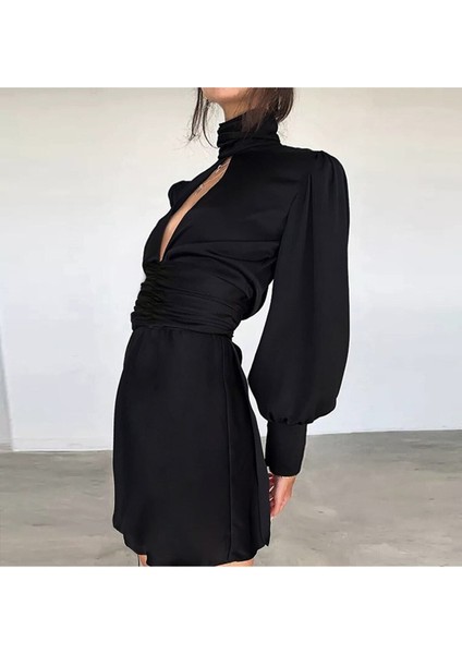 Göğüs Pencereli Boyunlu Uzun Kol Dar Etekli Saten Mevsimlik Gece Elbisesi Siyah modelleri