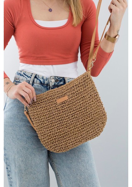 Portföy Clutch Fermuarlı Astarlı Cepli Ayarlanabilir Deri Askılı Ithal Örgü Hasır Yazlık Tatil Çanta