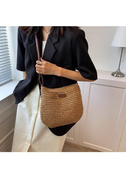 Portföy Clutch Fermuarlı Astarlı Cepli Ayarlanabilir Deri Askılı Ithal Örgü Hasır Yazlık Tatil Çanta