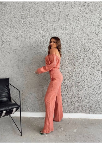 Düşük Omuz Yazlık Lastikli Bohem Sahil Pantolon Krop Göbek Açık Kadın Takım modelleri
