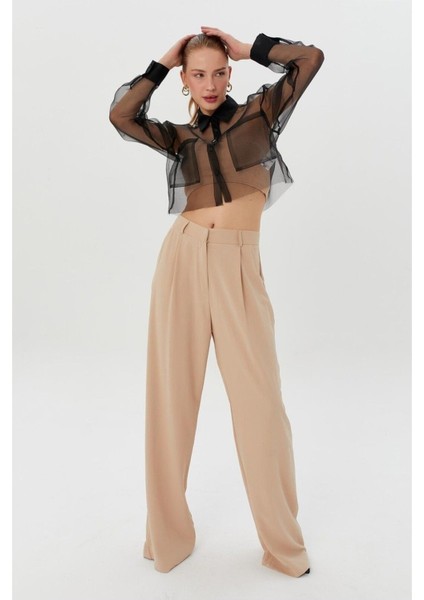 Yazı Baskı Detaylı Cepli Tül Kollu Organze Kombin Kadın Transparan Şeffaf Kısa Gömlek fiyatları