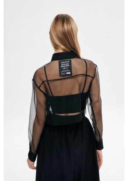 Yazı Baskı Detaylı Cepli Tül Kollu Organze Kombin Kadın Transparan Şeffaf Kısa Gömlek modelleri