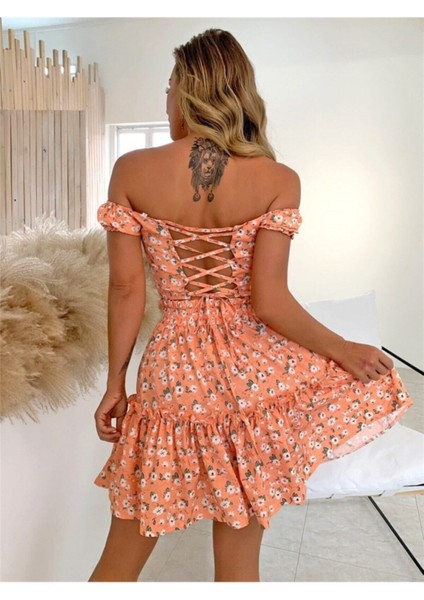 Minik Çiçek Desenli Düşük Omuz Bağcık Korse Bluz Etek Takım Turuncu
