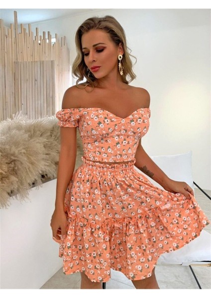 Minik Çiçek Desenli Düşük Omuz Bağcık Korse Bluz Etek Takım Turuncu fiyatları