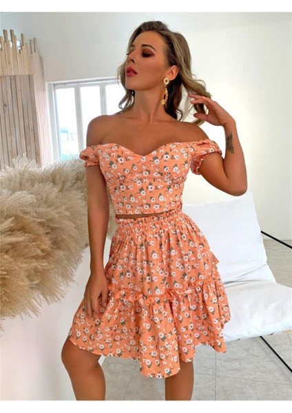 Minik Çiçek Desenli Düşük Omuz Bağcık Korse Bluz Etek Takım Turuncu modelleri