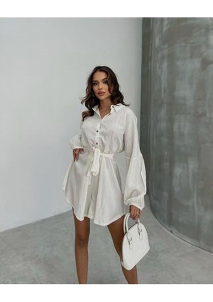 Uzun Kol Casual Kabartma Kumaş Yakalı Düğmeli Boyfriend Gömlek Stil Şortlu Tulum indirimleri