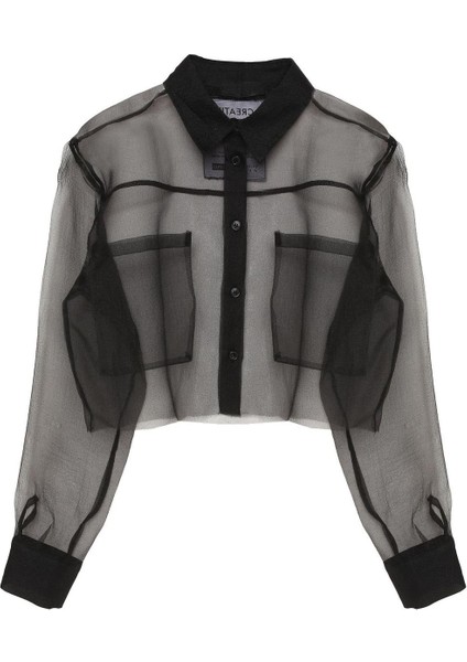 Yazı Baskı Detaylı Cepli Tül Kollu Organze Kombin Kadın Transparan Şeffaf Kısa Gömlek fırsatları