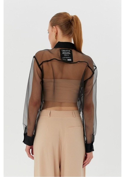 Yazı Baskı Detaylı Cepli Tül Kollu Organze Kombin Kadın Transparan Şeffaf Kısa Gömlek indirimleri