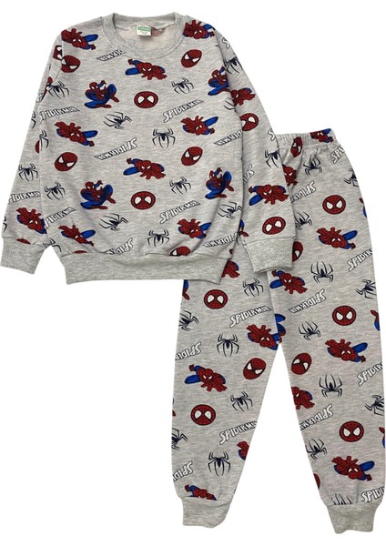 Erkek Çocuk Iki Iplik Pamuklu Şardonlu Gri Spiderman Desenli Uzun Kollu Pijama Takımı