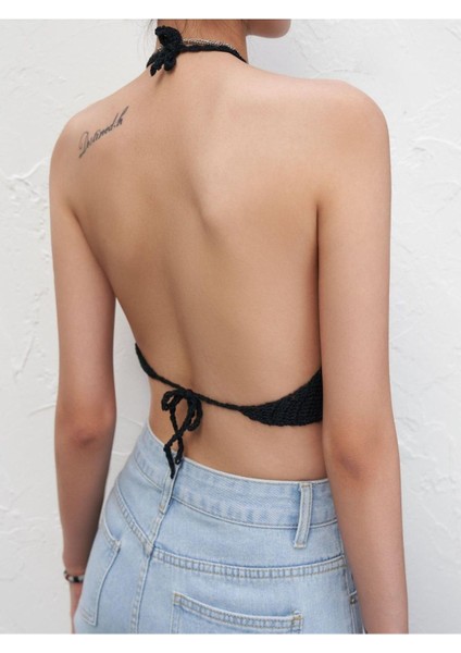 Astarlı Tığ Işi Bohem Plaj Sahil Beach Bikini Büstiyer Astarlı Siyah modelleri