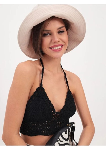 Astarlı Tığ Işi Bohem Plaj Sahil Beach Bikini Büstiyer Astarlı Siyah fırsatları