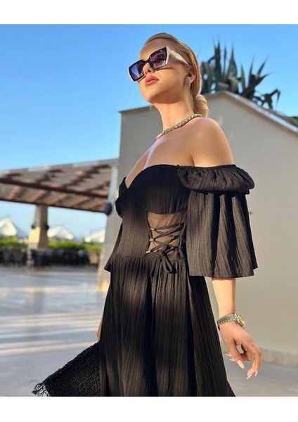 Çift Bel Korseli Düşük Omuz Yarım Kollu Bohem Maxi Bilekte Uzun Tatil Elbisesi