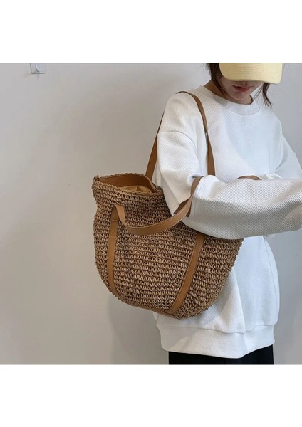 Oval Deri Tabanlı Deri ve Hasır Saplı Çıtçıtlı Astarlı Yumuşak Sahil Plaj Beach Ithal Hasır Çanta