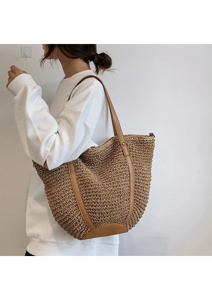 Oval Deri Tabanlı Deri ve Hasır Saplı Çıtçıtlı Astarlı Yumuşak Sahil Plaj Beach Ithal Hasır Çanta fırsatları