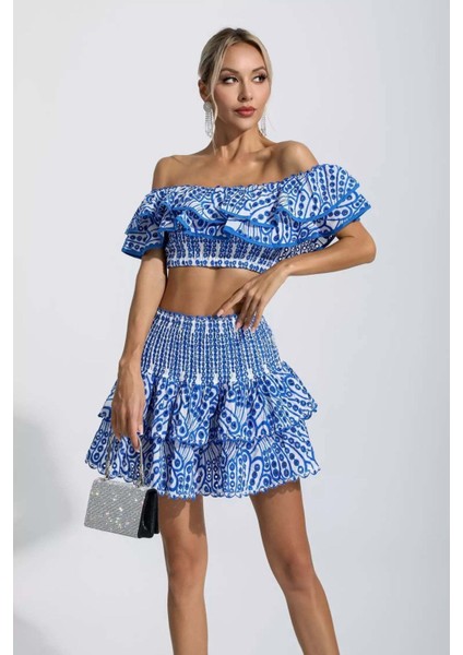 Korse Bandaj Kumaşlı Esnek Kabarık Etekli Tasarım Gece Davet Krop Etek Takım