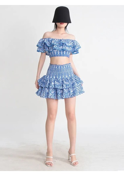 Korse Bandaj Kumaşlı Esnek Kabarık Etekli Tasarım Gece Davet Krop Etek Takım indirimleri