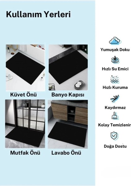 Siyah Kaymaz Tabanlı Su Emici Banyo Paspası - 40X60 cm